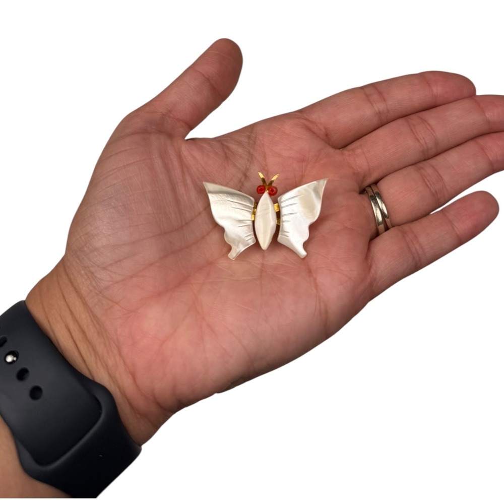 Vintage Butterfly Brooch Pin Iridescent Mother of Pearl Gold Tone Red Accents